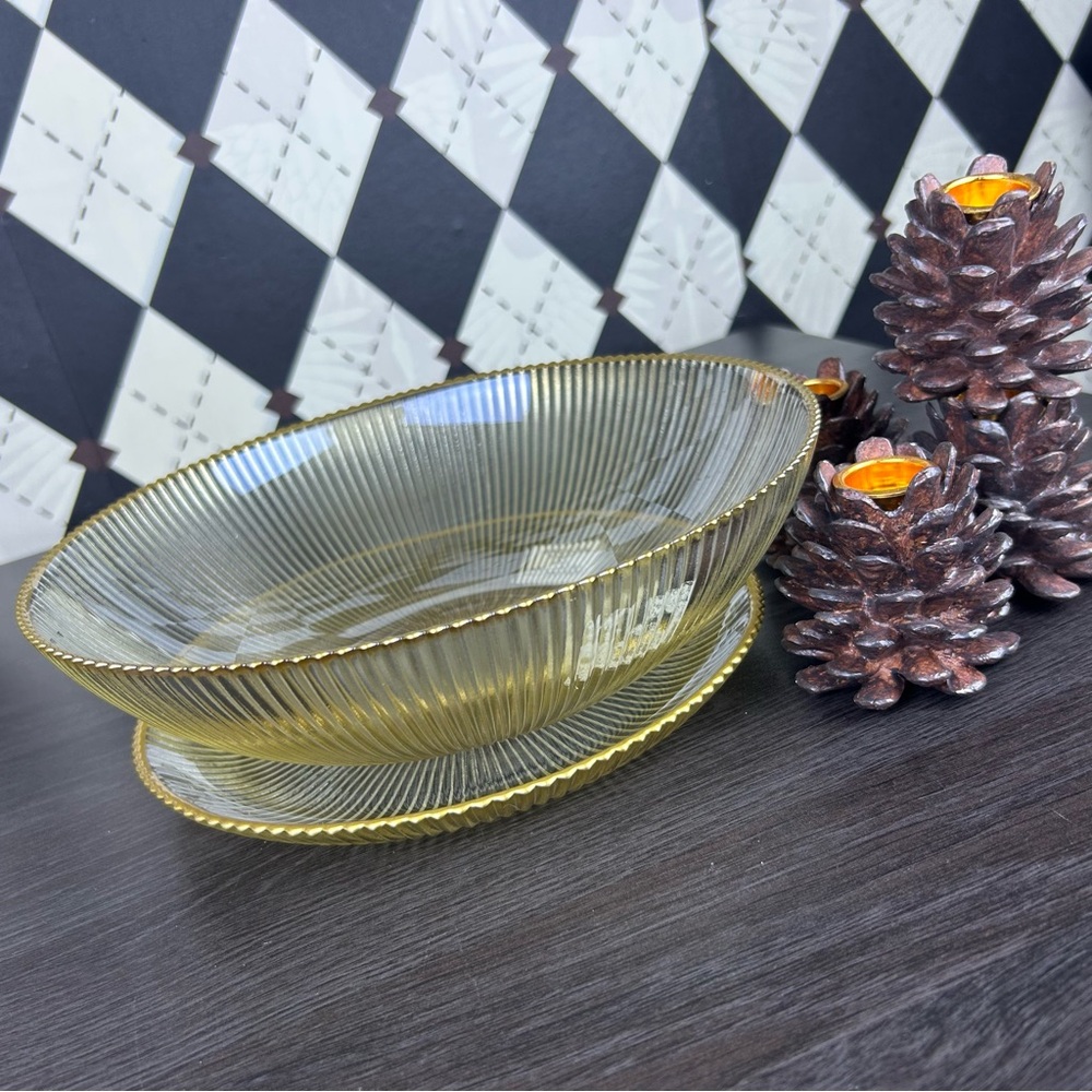 Amber Luster Ribbed Glass Bowl & Plate Set with Gold Rim Contemporary Tablescape - Picture 12 of 13